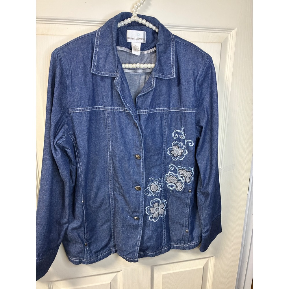 Draper's & Damon's Denim Jacket Womens L Blue Good Floral Embroidered Cotton